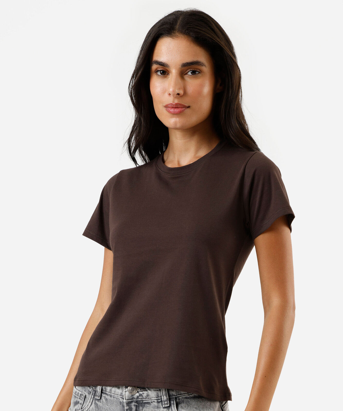 camiseta feminina de algodão peruano manga curta marrom