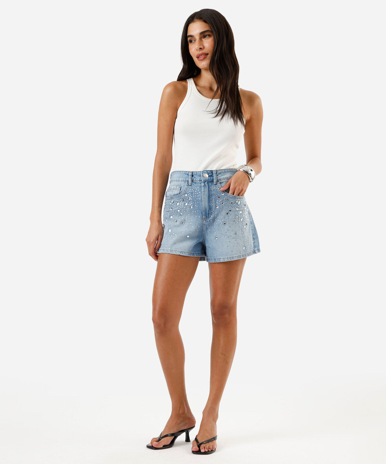 short mom feminino jeans com brilhos cintura alta azul