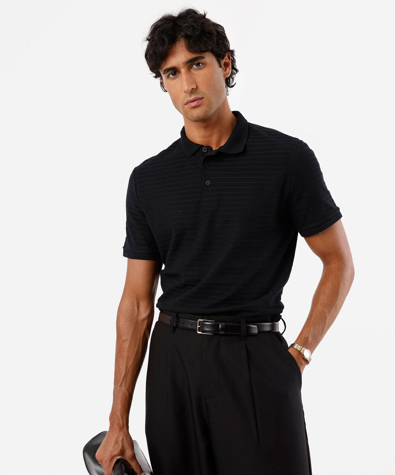 polo masculina com algodão manga curta texturizada preta