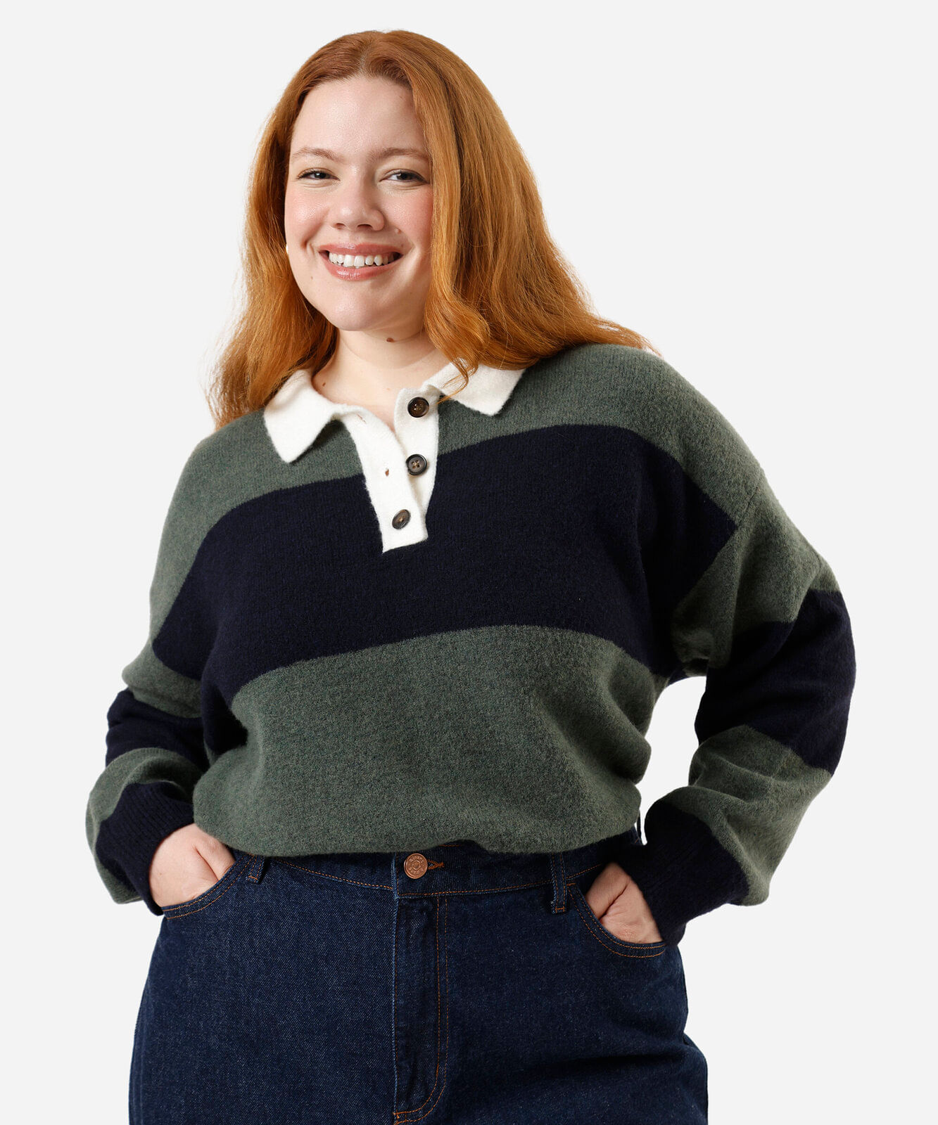 suéter feminino de tricot com lã e gola listrado plus size verde