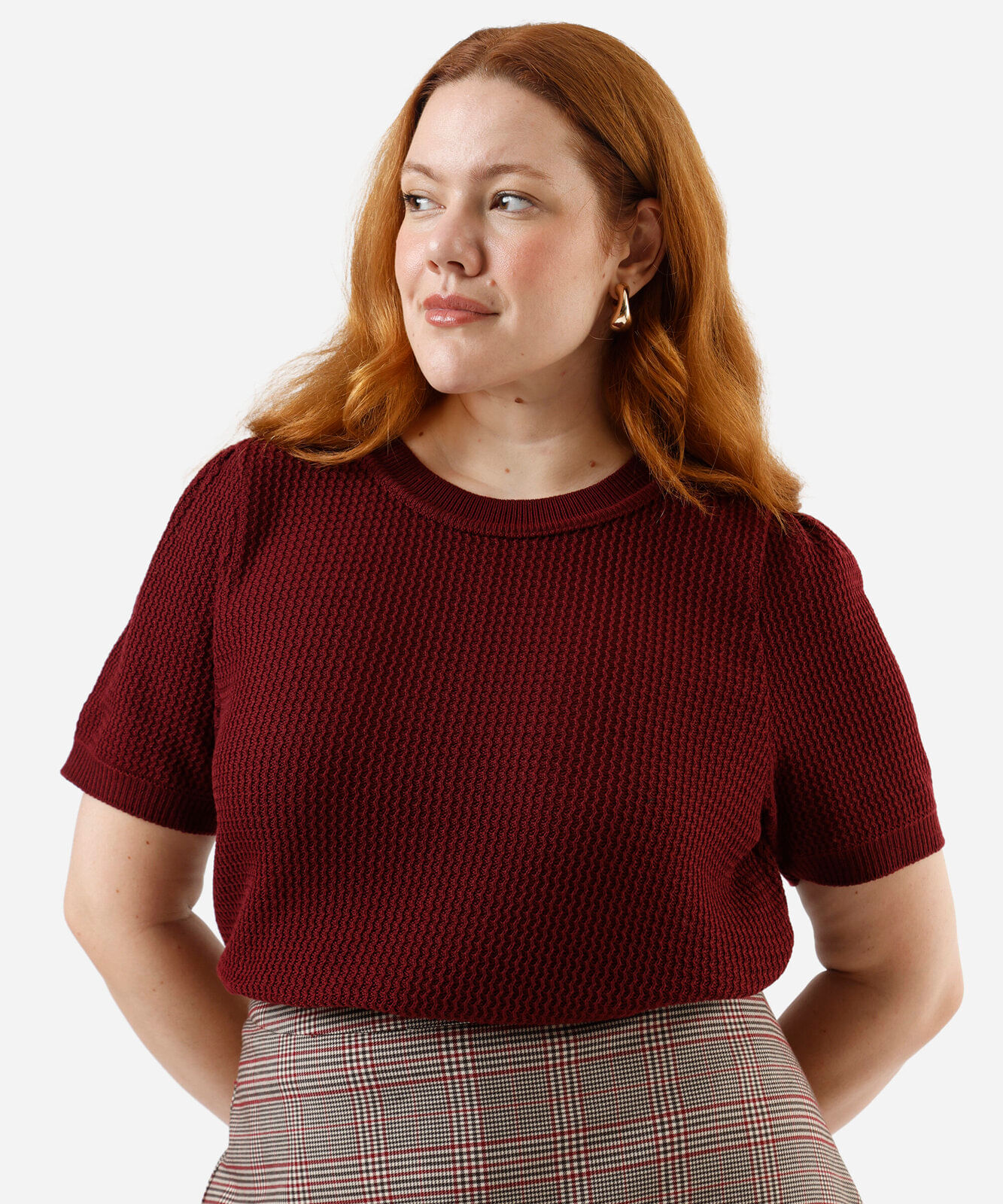 blusa feminina de tricot manga bufante texturizada plus size vinho