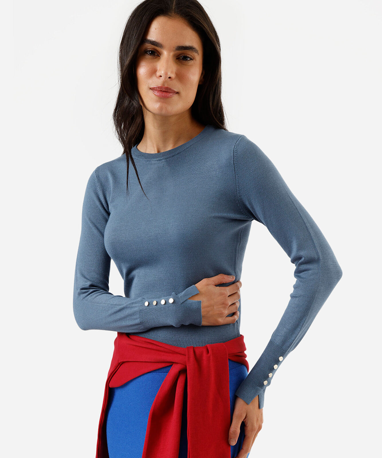 suéter feminino de tricot gola redonda azul