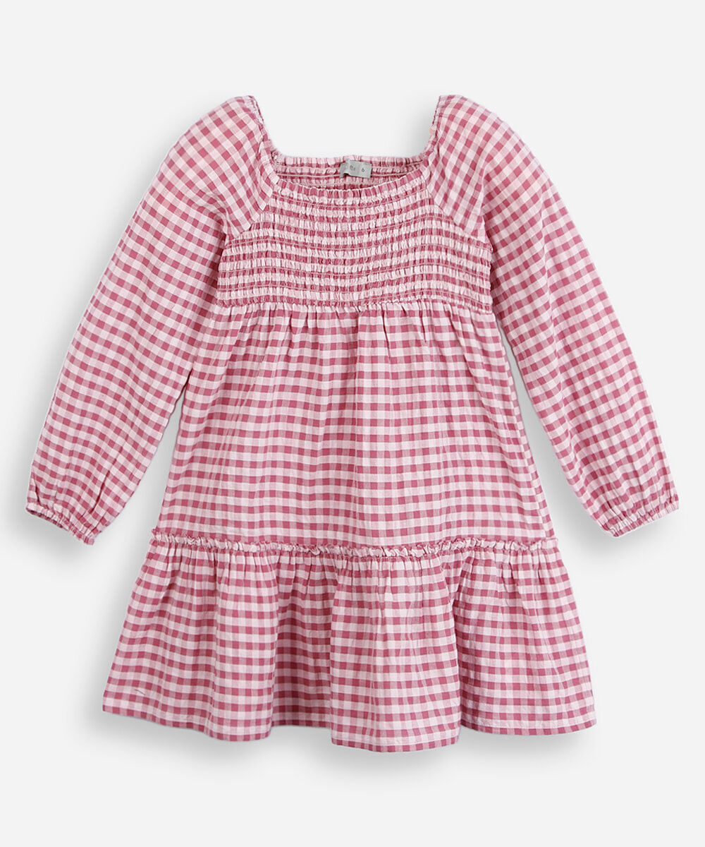 vestido infantil de algodão com recorte manga longa xadrez colorido