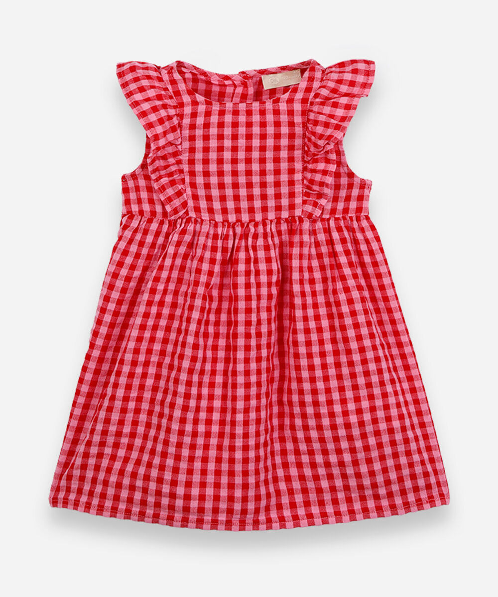 vestido infantil de algodão com babados xadrez rosa
