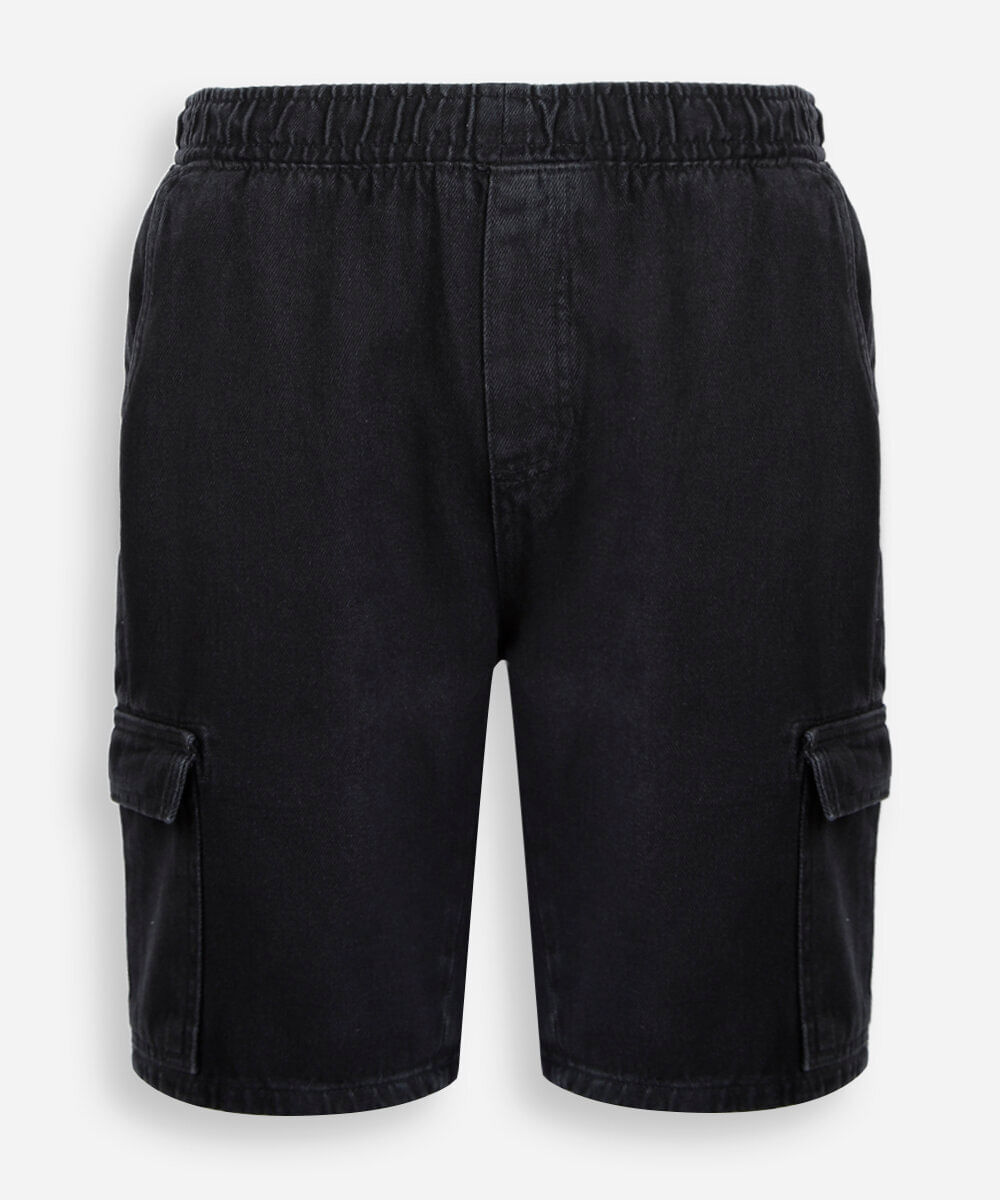 bermuda cargo juvenil jeans cós elástico preta