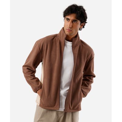 jaqueta masculina gola alta com recorte canelada marrom