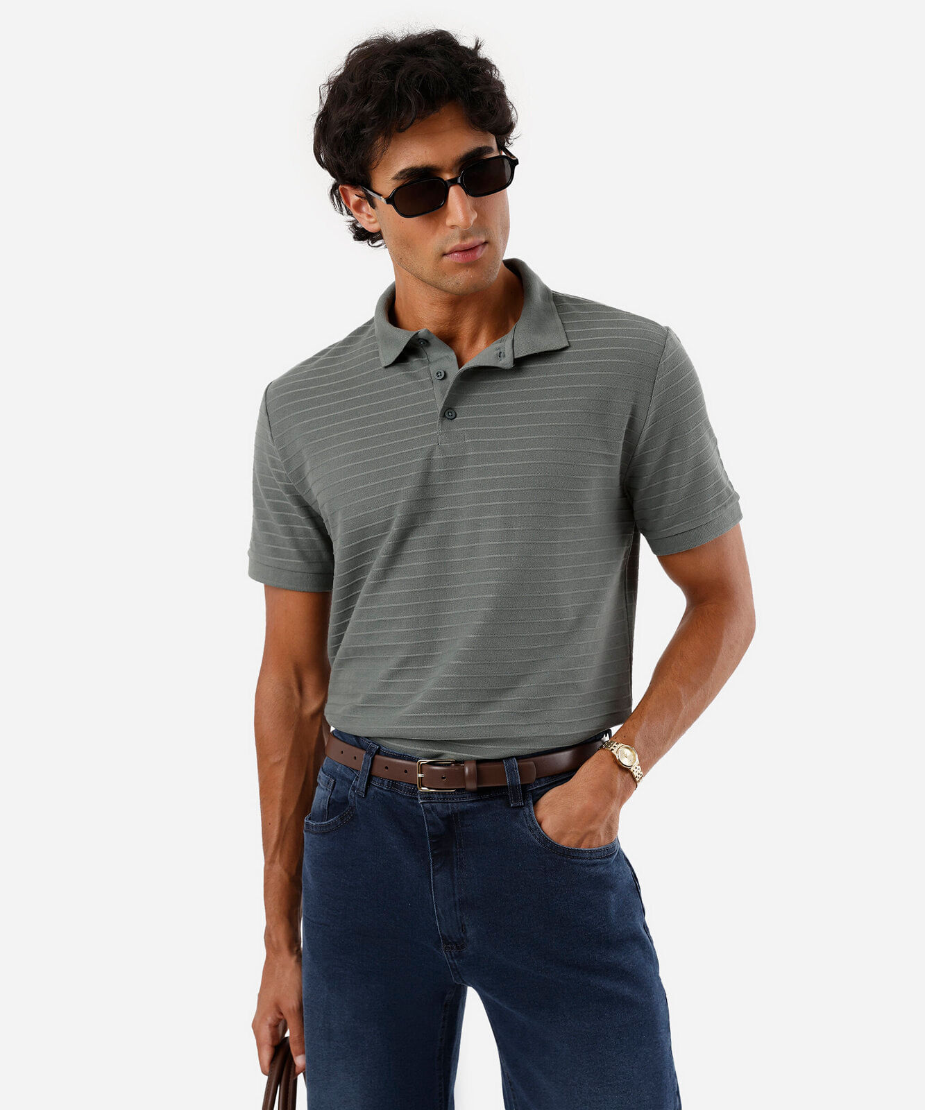 polo masculina com algodão manga curta texturizada verde