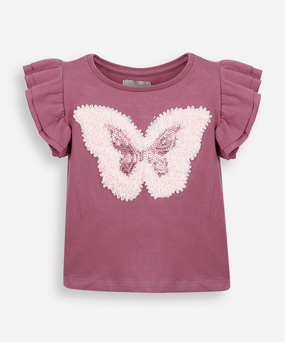 blusa infantil de algodão bordado borboleta com paetê rosa