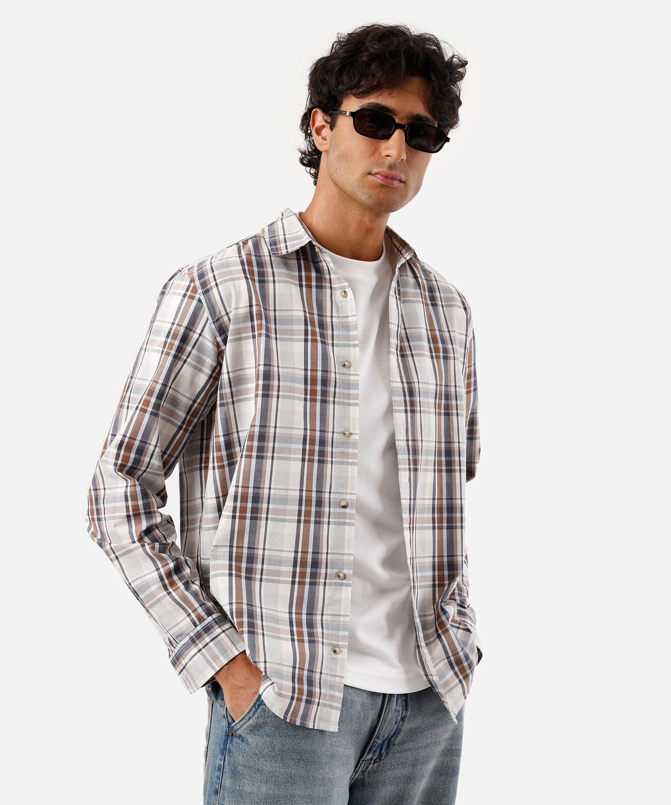 camisa masculina com algodão manga longa xadrez off white