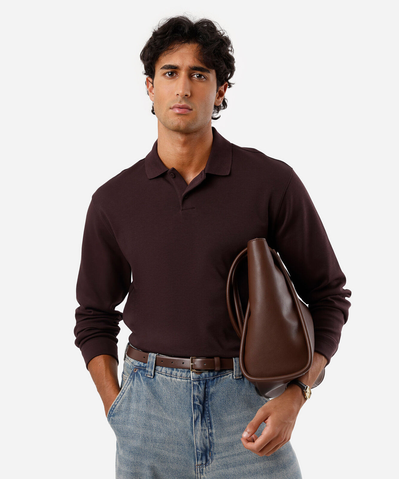 polo masculina de algodão manga longa vinho
