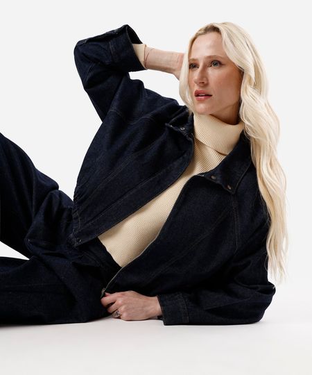 jaqueta feminina jeans gola alta azul GG