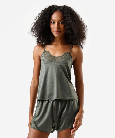 pijama short doll feminino de poliamida com renda verde G