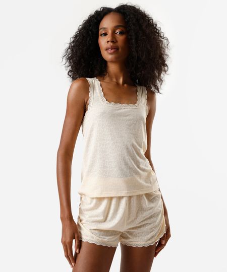 pijama short doll feminino texturizado animal print bege P