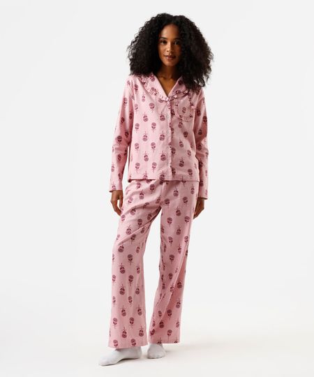 pijama longo americano feminino de algodão floral rosa PP