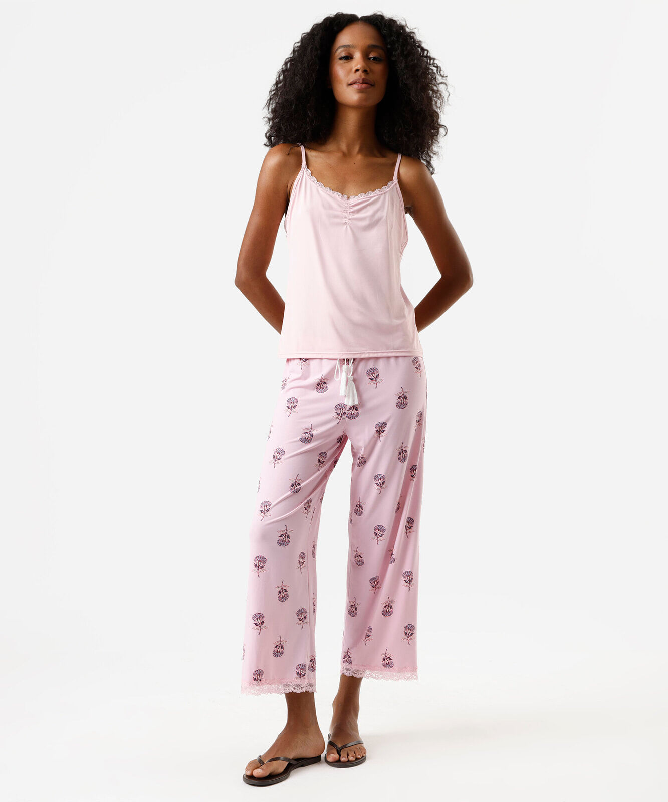 pijama longo feminino de poliamida floral rosa