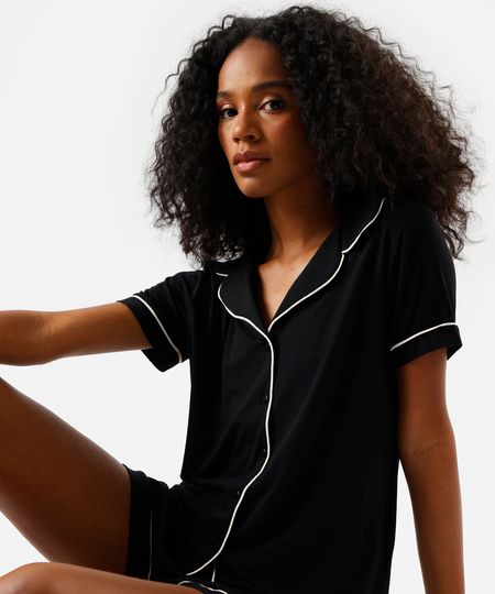 pijama curto americano feminino de viscose com nervuras preto GG