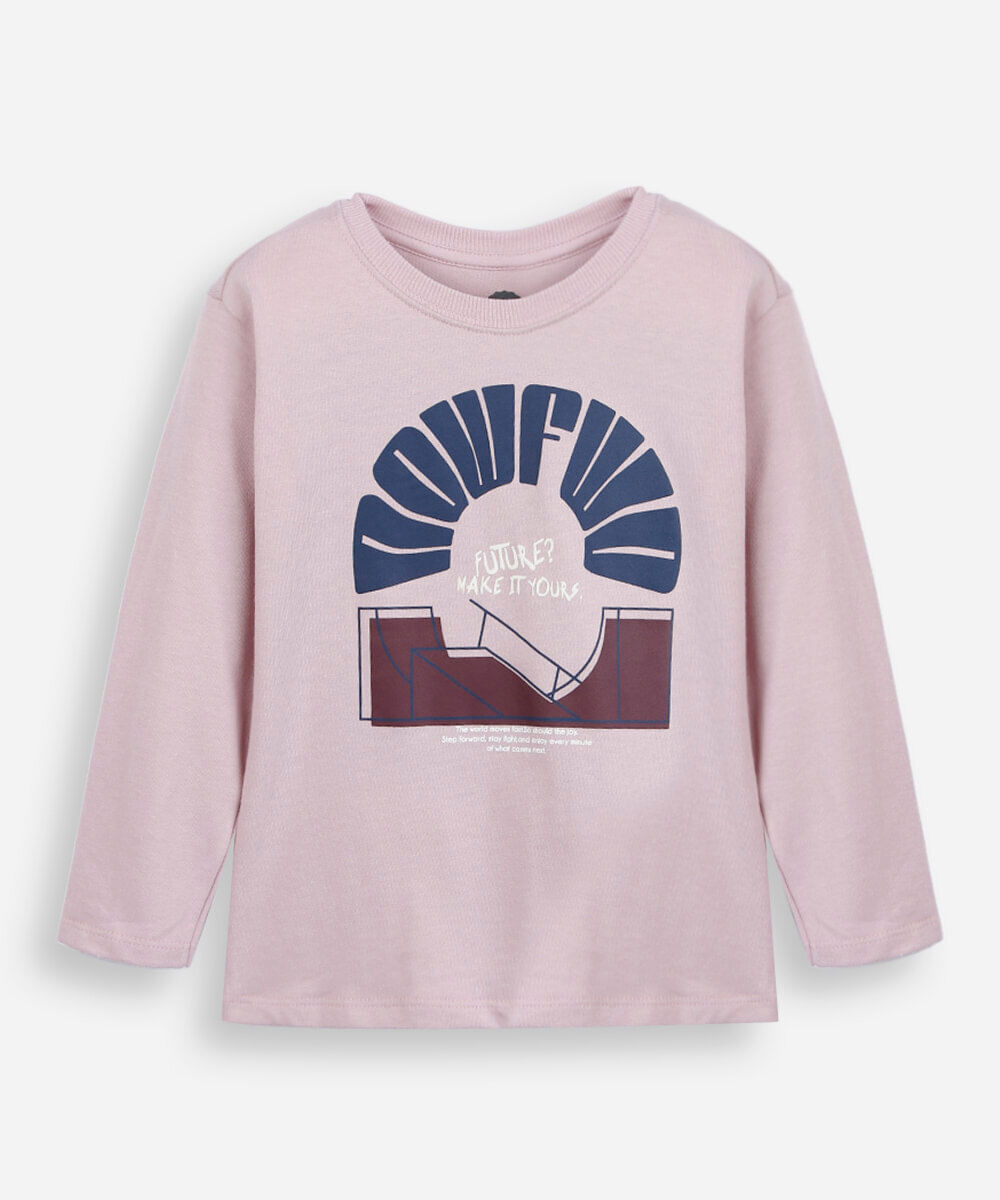 camiseta infantil de algodão manga longa estampada rosa