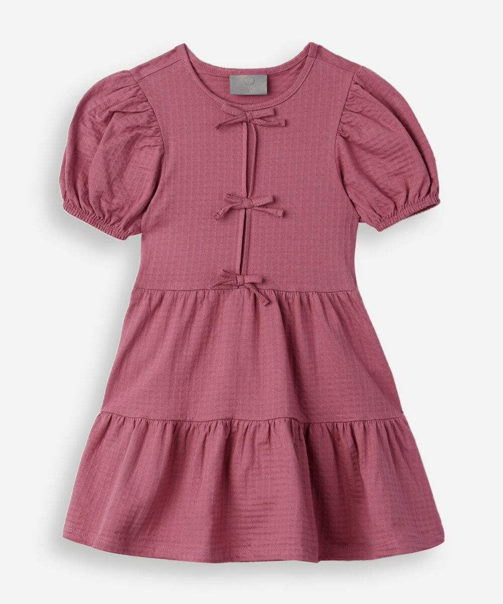 vestido infantil de algodão com recortes e laços manga bufante rosa