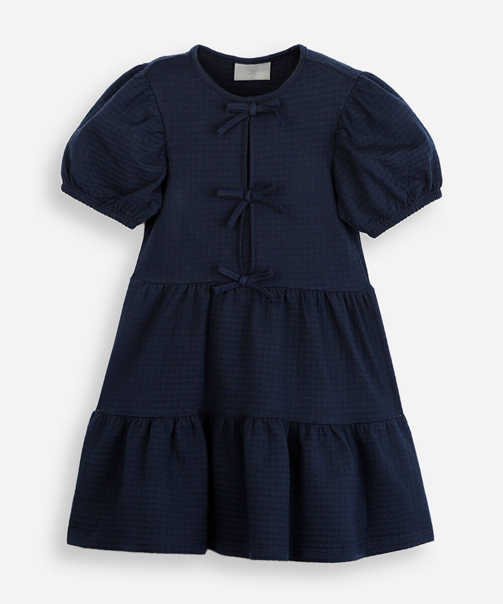 vestido infantil de algodão com recortes e laços manga bufante azul