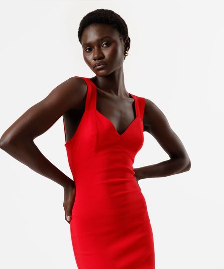 vestido midi feminino com viscose decote v  vermelho P