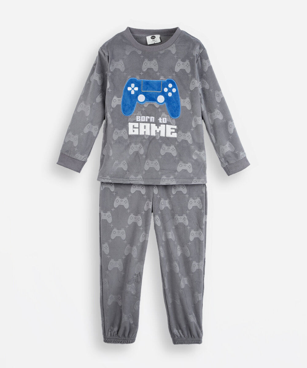 pijama longo infantil de fleece bordado cinza