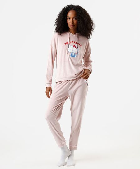 pijama longo feminino de plush hello kitty rosa PP