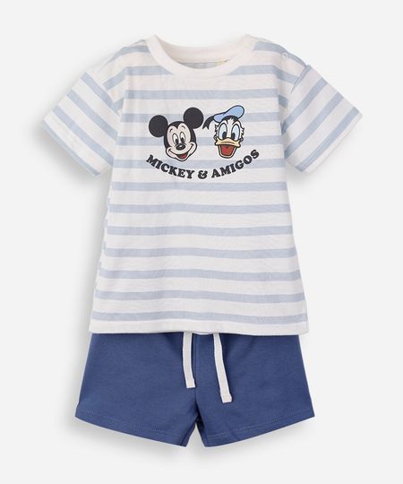 conjunto curto infantil de algodão turma do mickey listrado azul 6-9