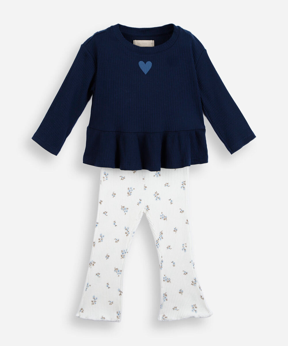 conjunto longo infantil de algodão floral azul