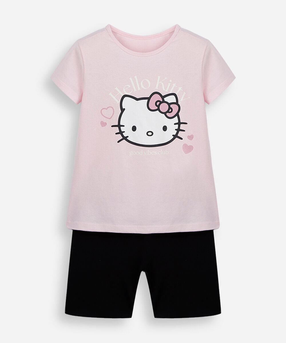 conjunto curto infantil de algodão hello kitty rosa