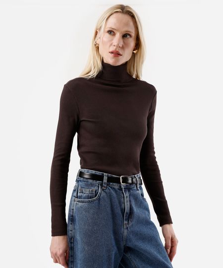 blusa de algodão cropped gola alta marrom G