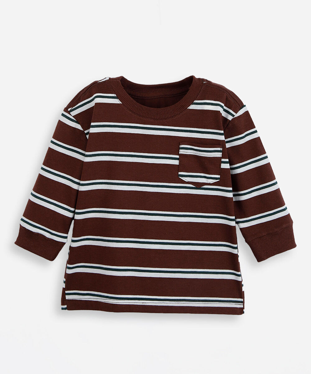 camiseta infantil com algodão manga longa listrada marrom