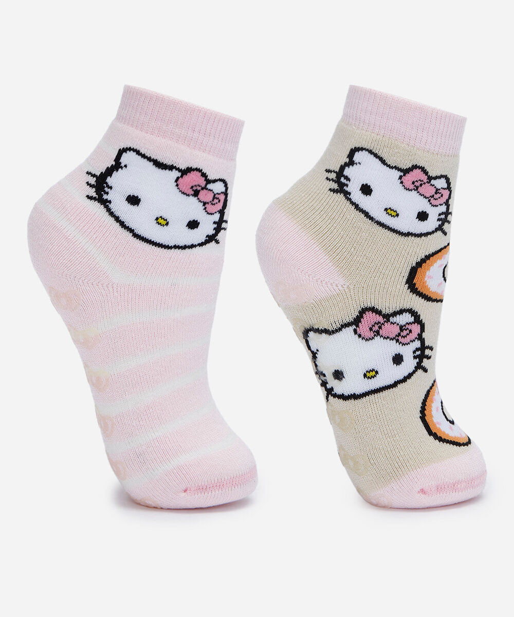 kit de 2 meias cano curto infantil hello kitty colorido