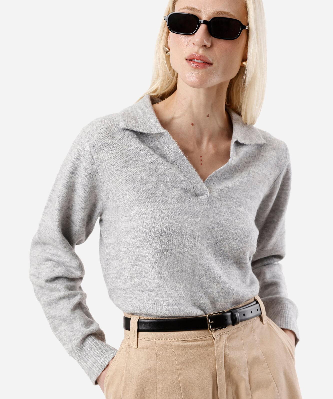 polo básica feminina de tricot manga longa cinza