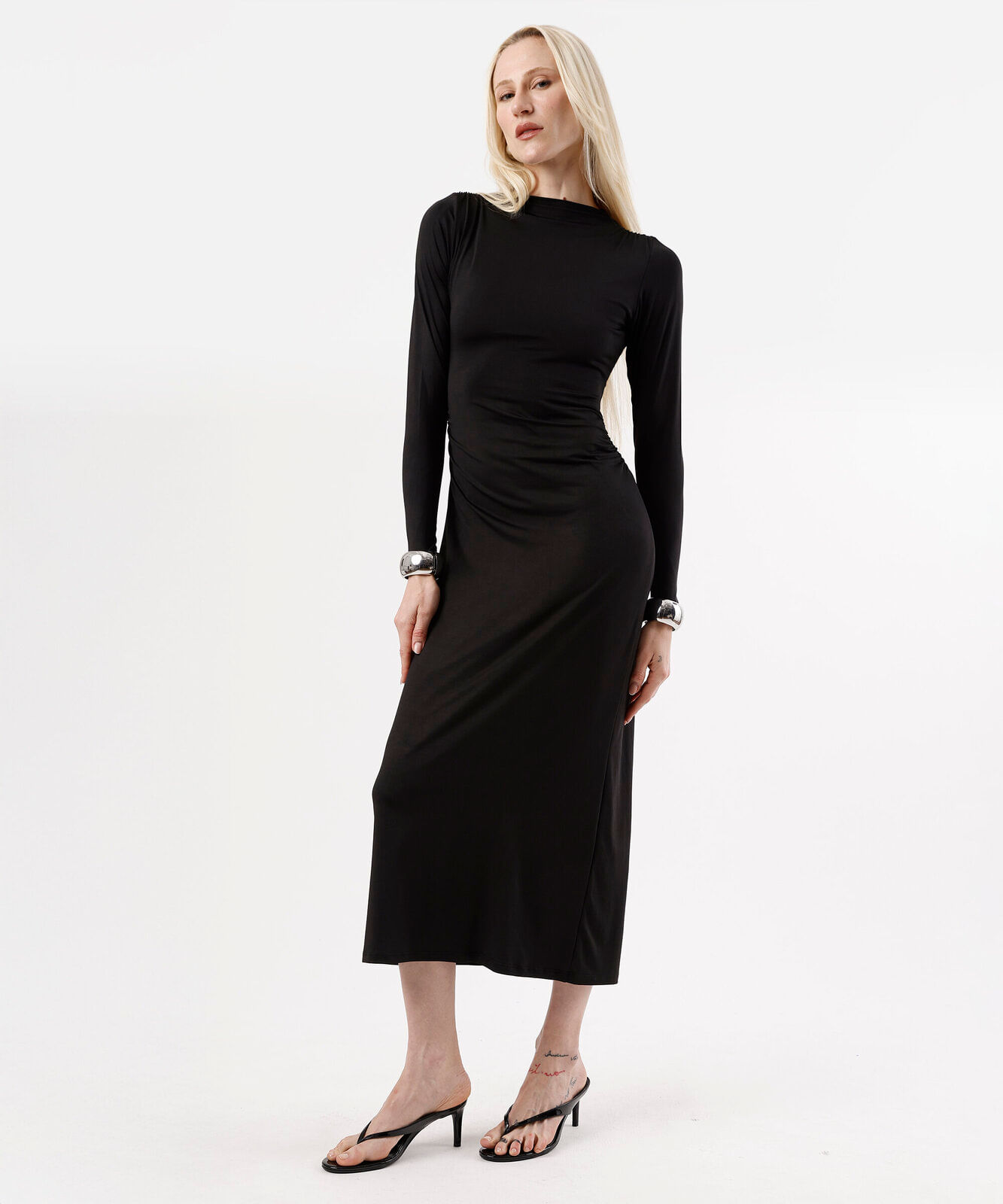 vestido longo feminino manga longa franzido preto