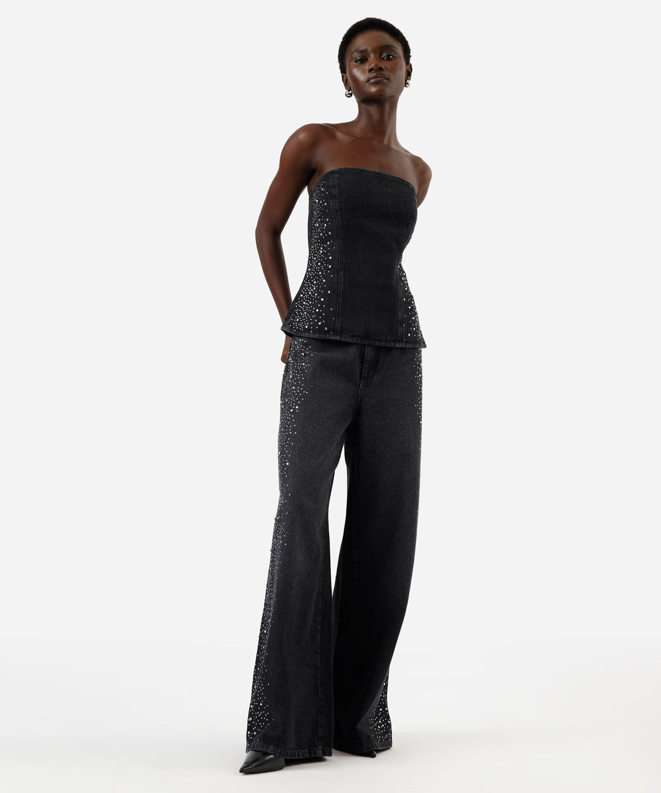calça wide leg feminina jeans com brilhos cintura alta preta