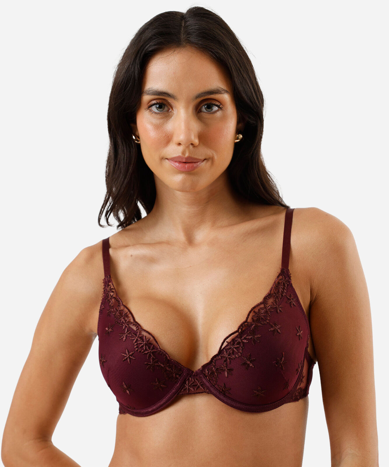 sutiã push up feminino com bordado floral vinho