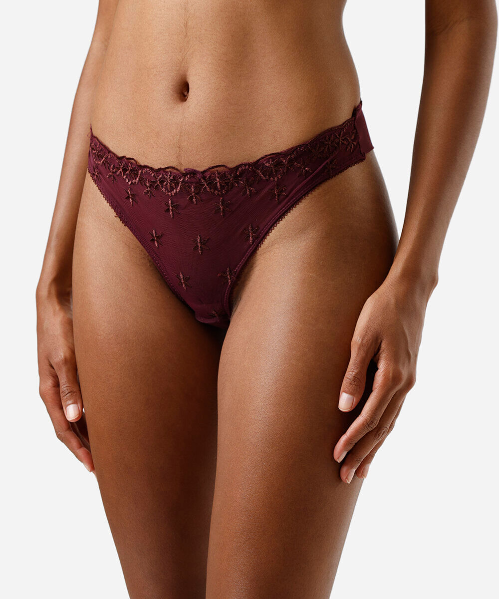 calcinha fio dental feminina de tule com bordado floral vinho