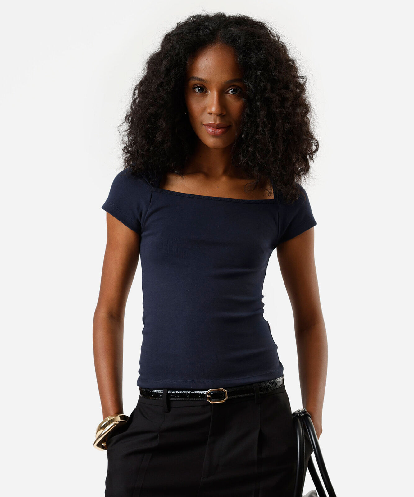 blusa baby look feminina de algodão decote quadrado azul