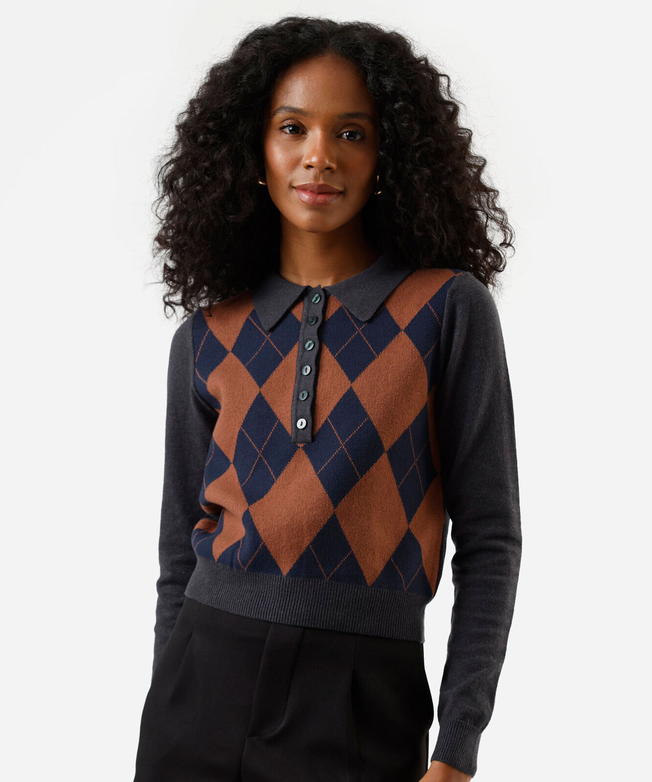 polo feminina de tricot manga longa xadrez argyle cinza