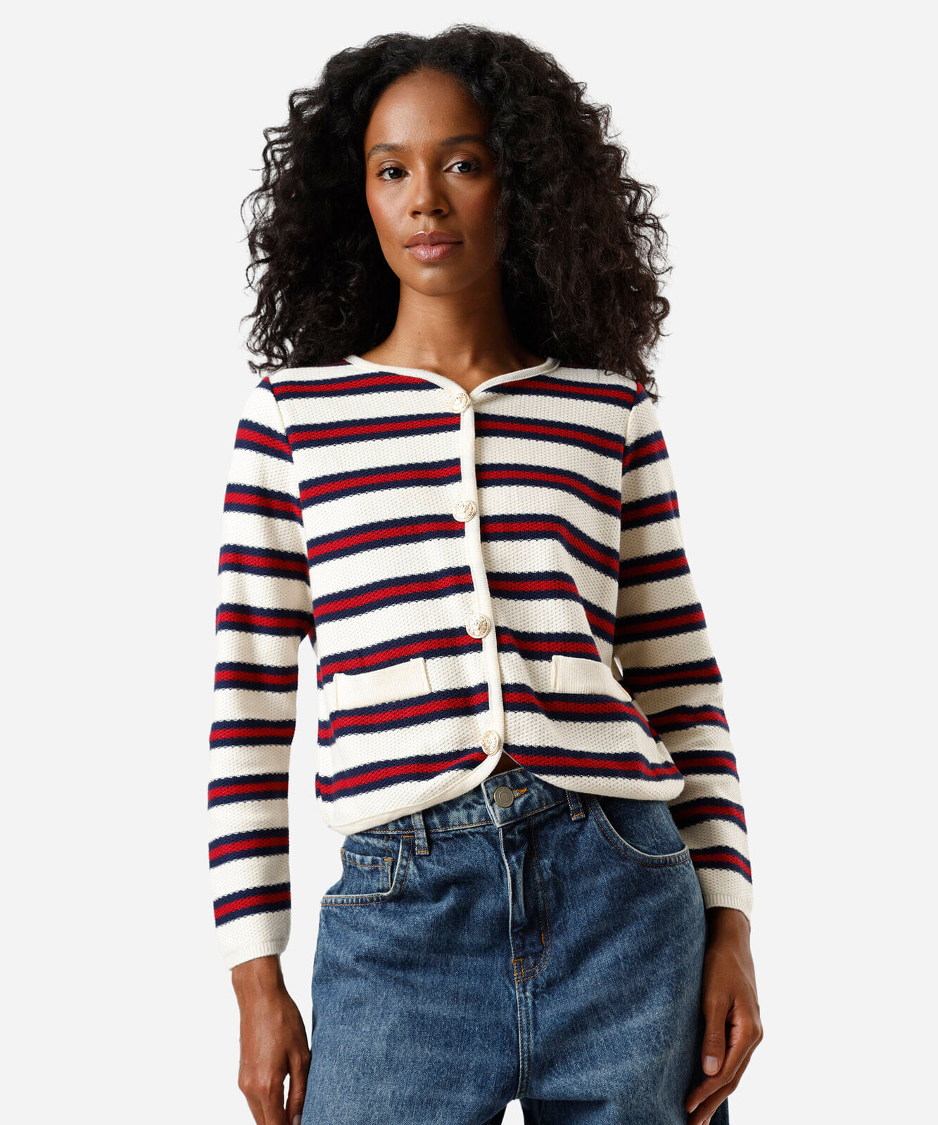 casaco feminino de tricot listrado off white