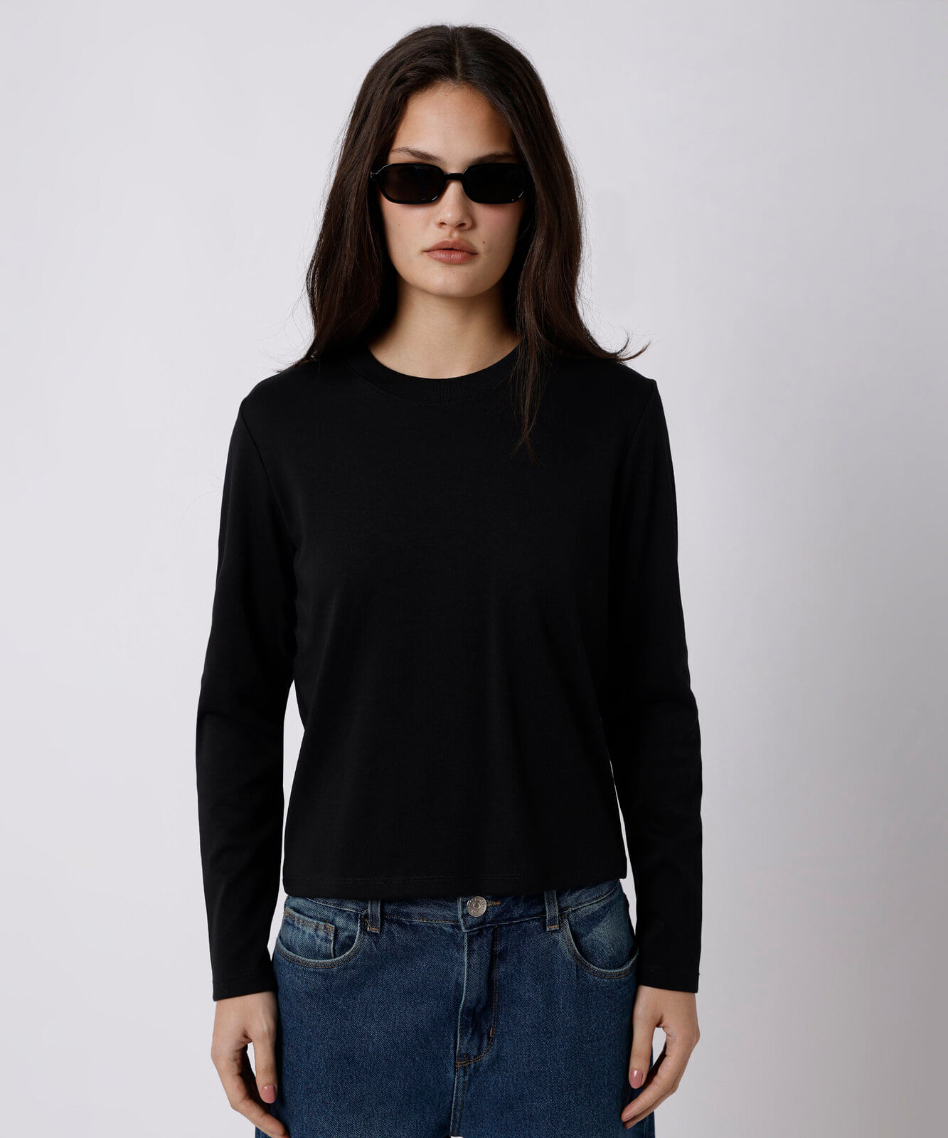 camiseta slim feminina de algodão peruano manga longa mindset preta