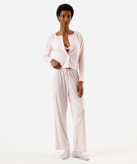 pijama longo feminino texturizado corações rosa PP