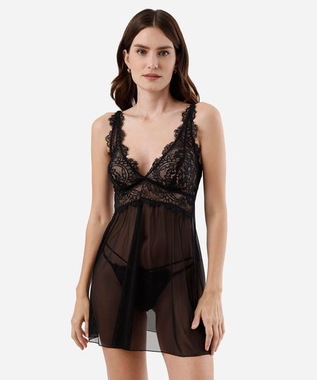 camisola feminina de tule com renda floral preta P