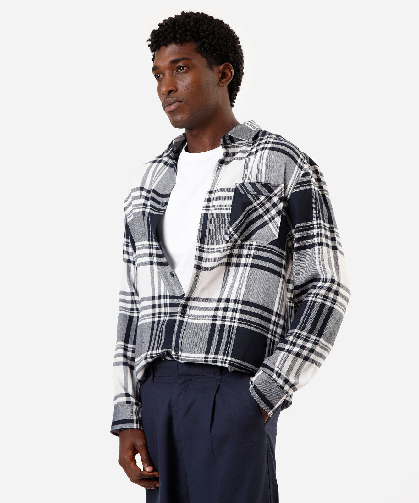 camisa masculina xadrez com mangas longas azul