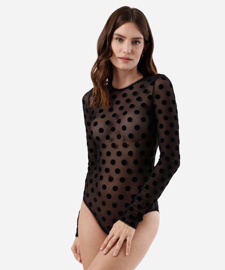 body feminino de tule manga longa poá preto P
