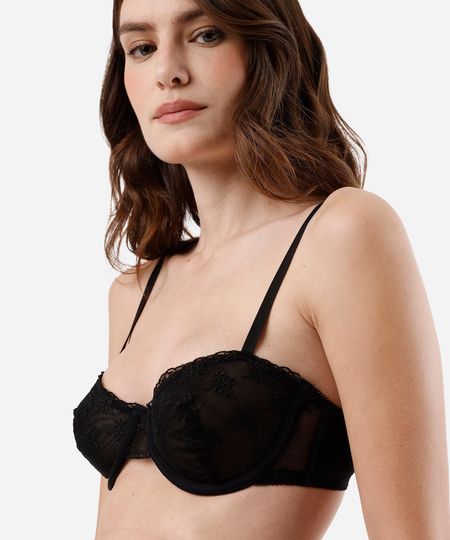 sutiã meia taça feminino de tule com bordado floral preto 42