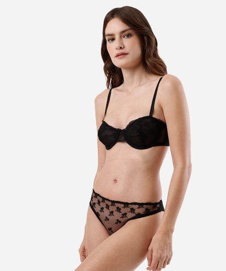 calcinha biquíni feminina de tule com bordado floral preta P
