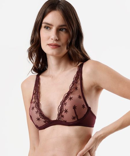 sutiã triângulo feminino de tule com bordado floral vinho 40