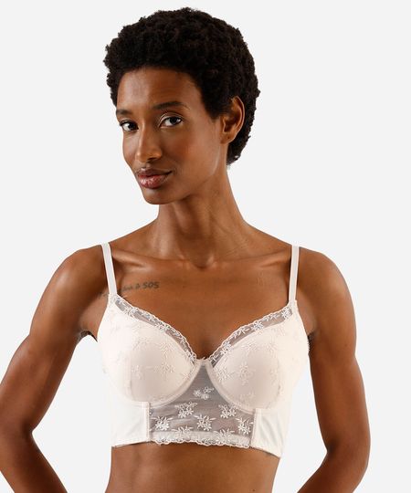 sutiã cropped feminino com renda floral bege 40