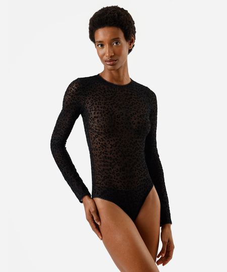 body feminino de tule manga longa animal print preto G